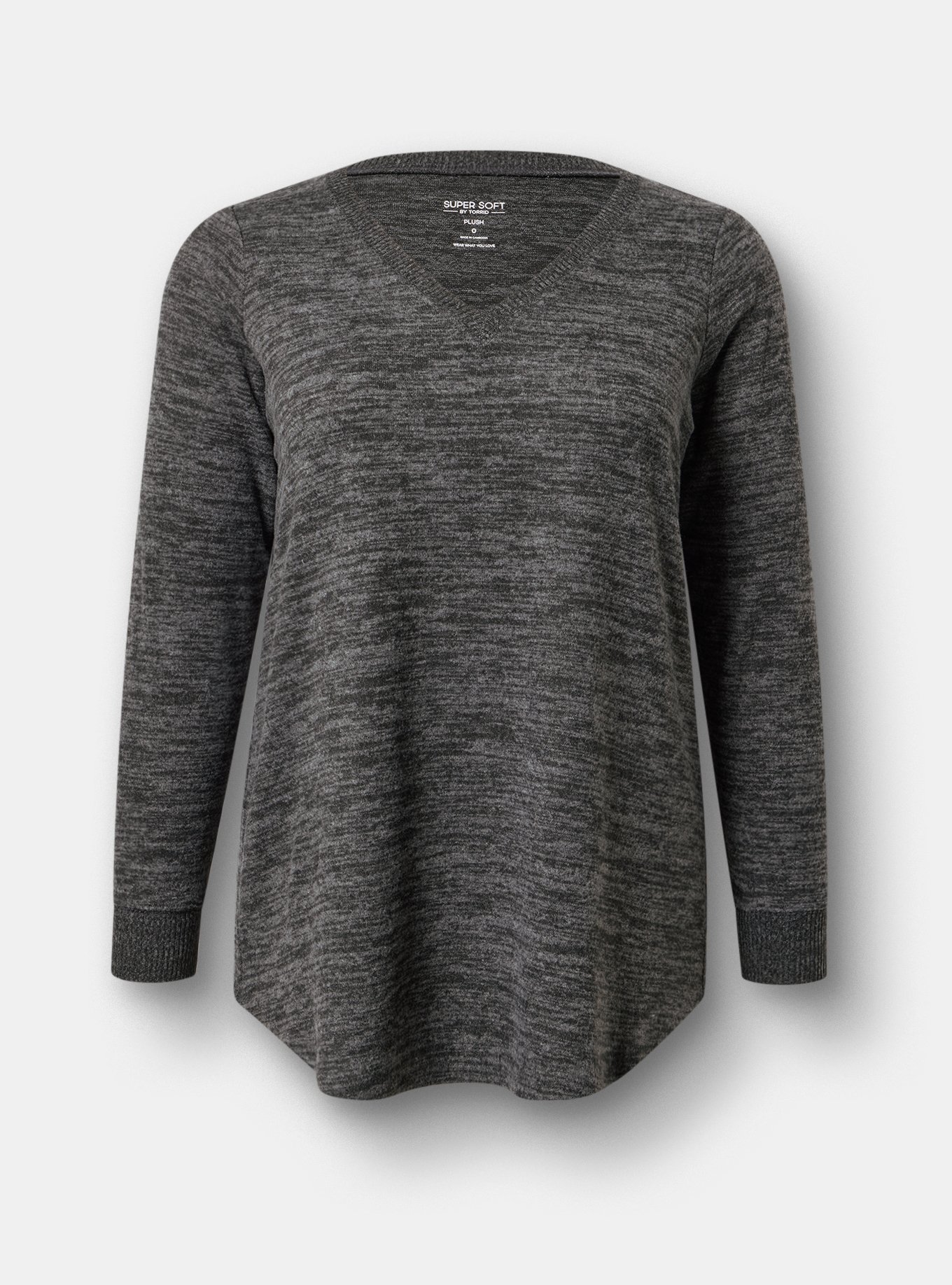 Super Soft Plush V-Neck Shirttail Tunic Sweatshirt, DEEP BLACK W/ GRAY MARL, flat