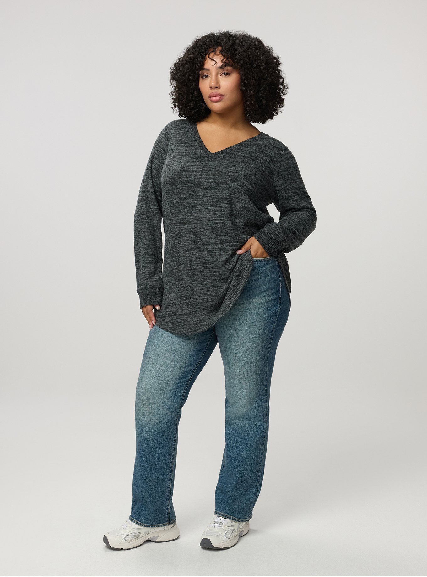 Super Soft Plush V-Neck Shirttail Tunic Sweatshirt, DEEP BLACK W/ GRAY MARL, hi-res
