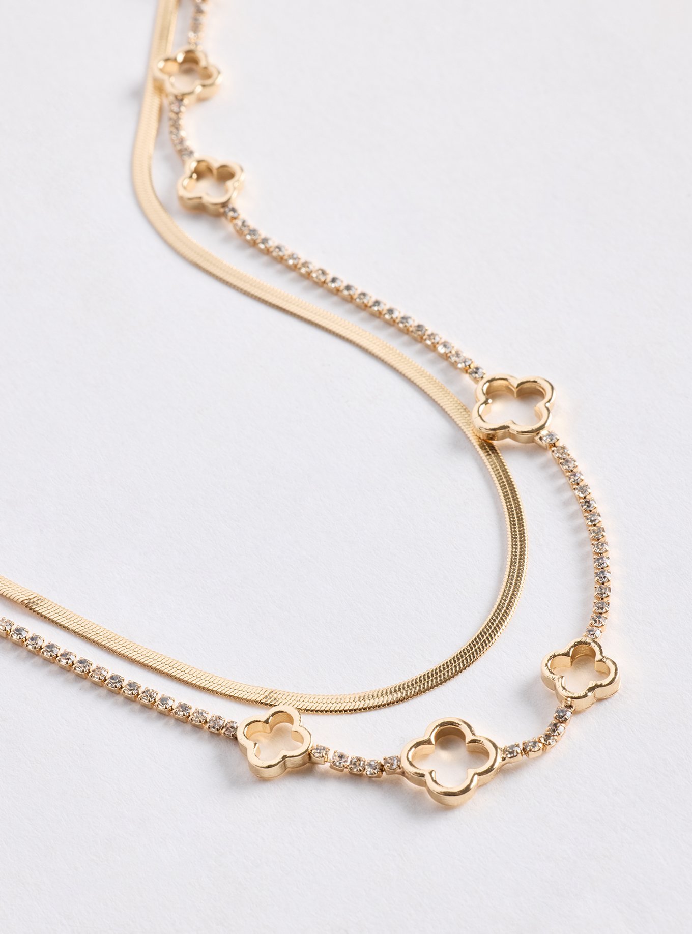 Rhinstone Clover Layered Necklace, , alternate
