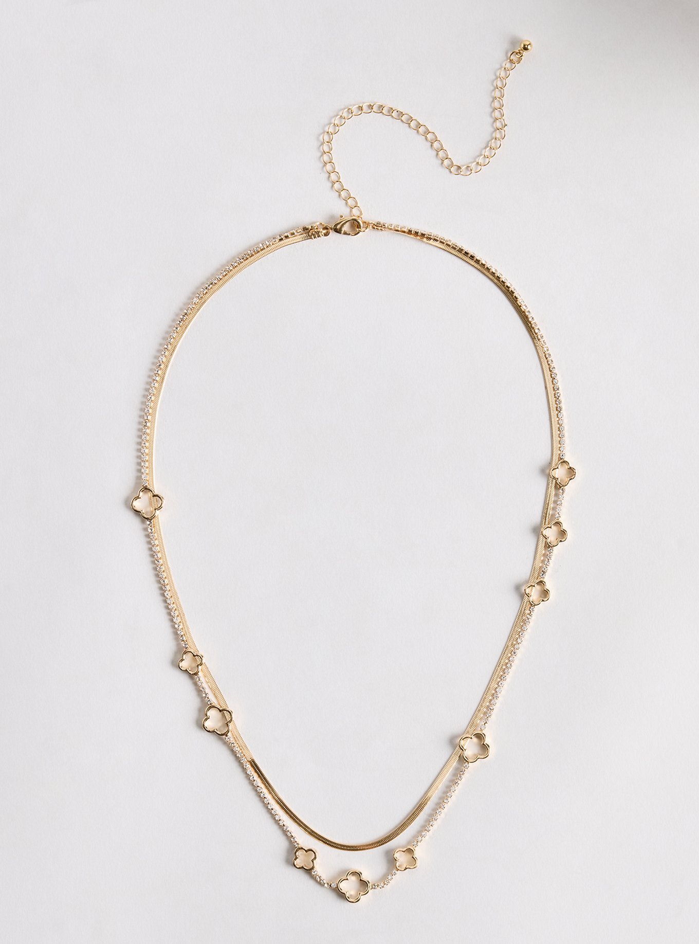 Rhinstone Clover Layered Necklace, , hi-res