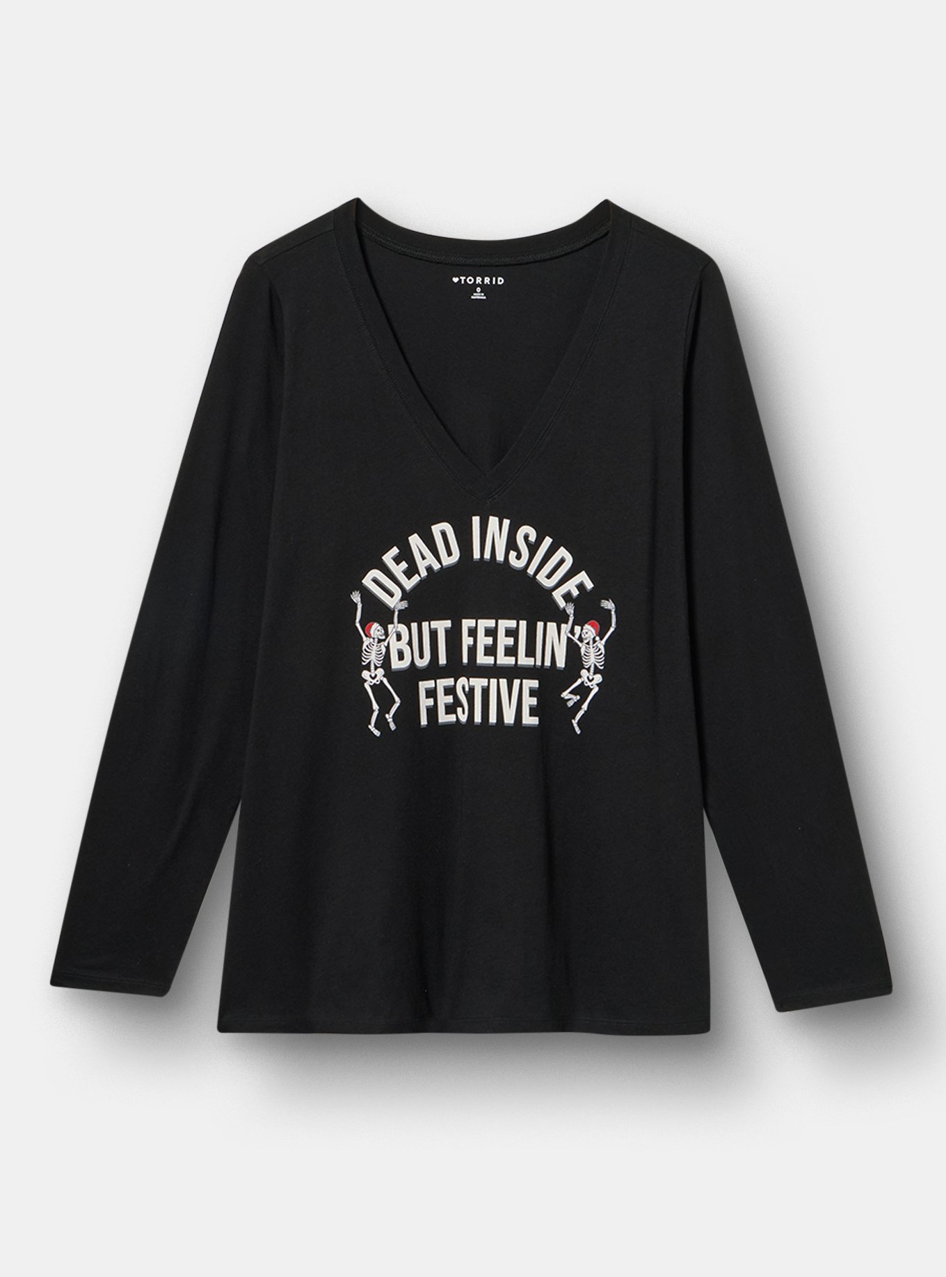 Classic Heritage Jersey Long Sleeve V-Neck Tee, DEAD INSIDE SKELLIES DEEP BLACK, hi-res