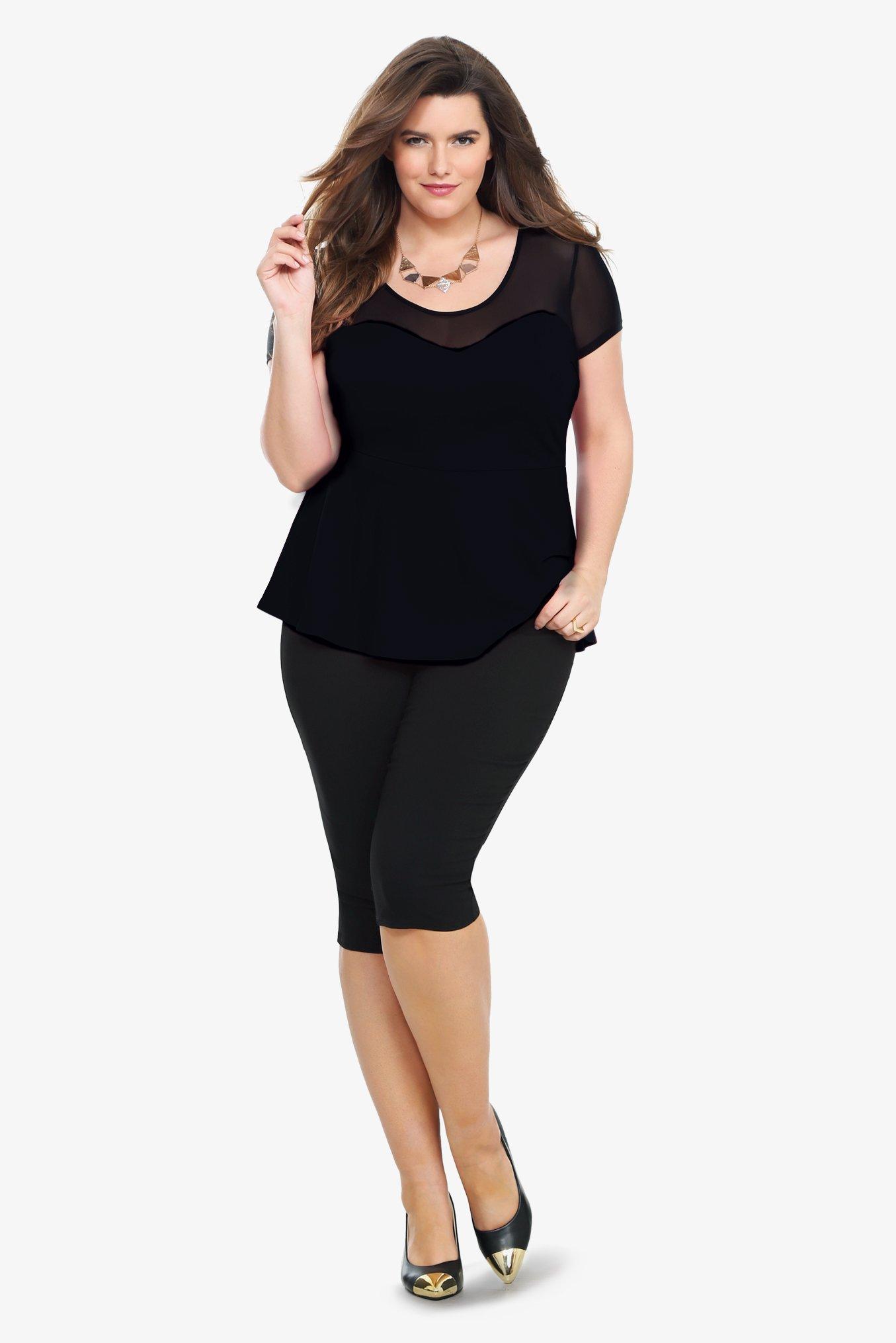Plus Size Black Mesh Yoke Peplum Top, RICH BLACK, alternate