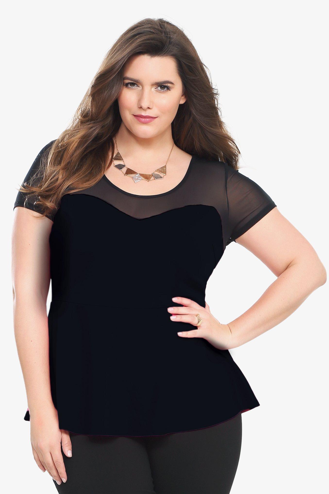 Plus Size Black Mesh Yoke Peplum Top, RICH BLACK, hi-res