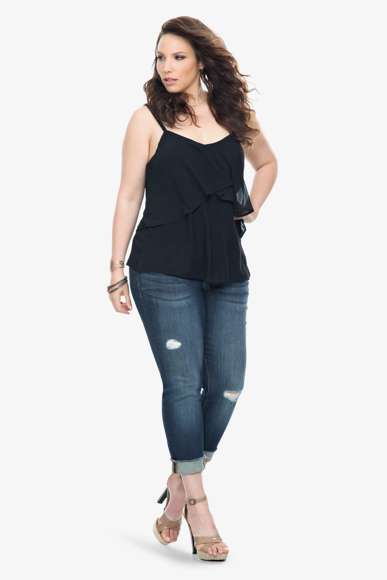 Black Knit With Chiffon Overlay Cami, RICH BLACK, alternate