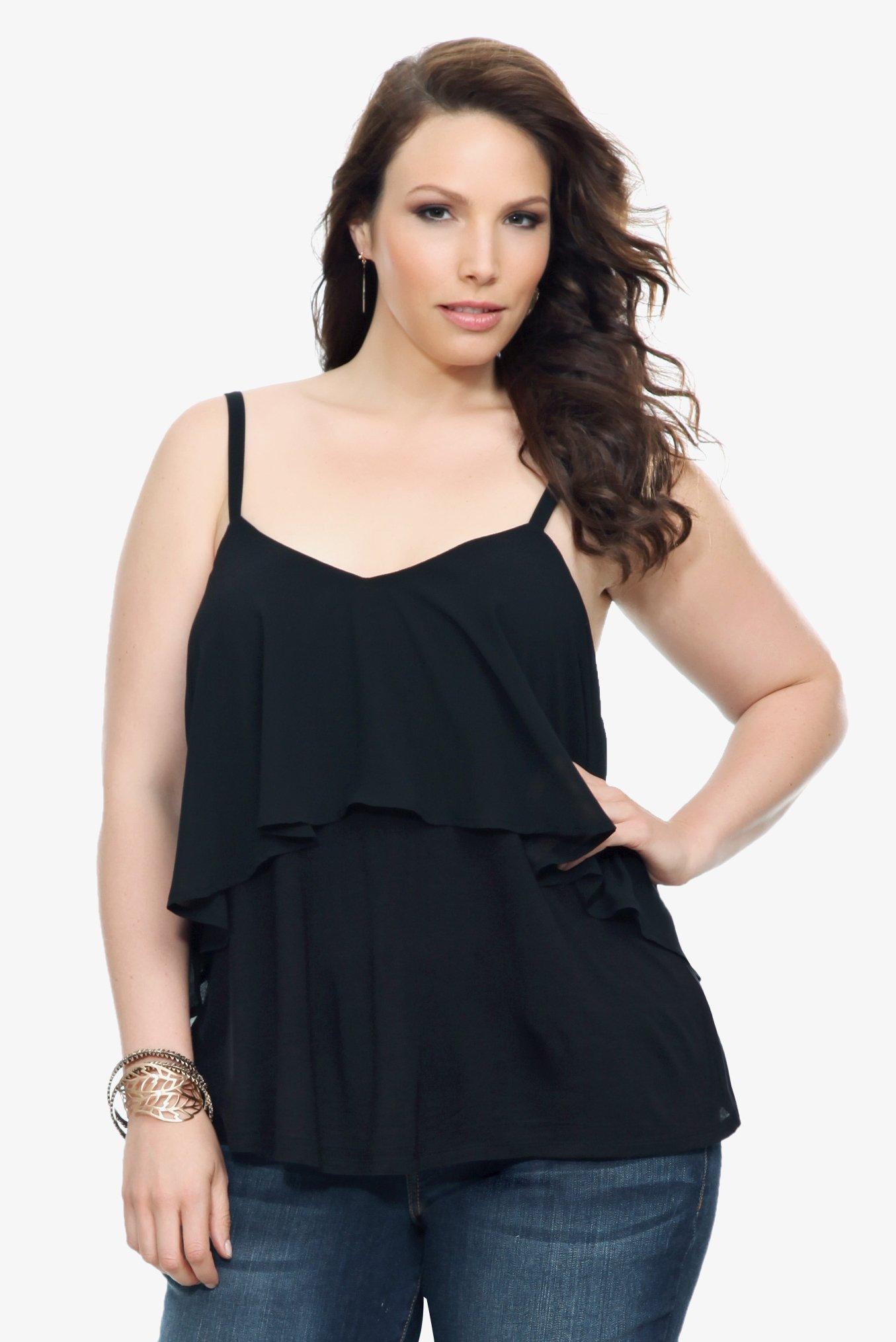 Black Knit With Chiffon Overlay Cami, RICH BLACK, hi-res
