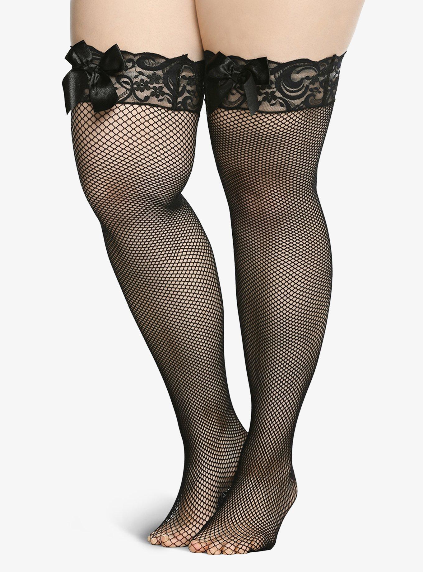 Plus Size Black Bow Lace Trim Thigh Highs, DEEP BLACK, hi-res