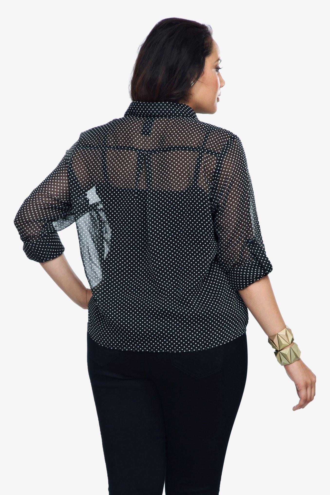 Black Polka Dot Lace Inset Button-Up Top, TRADITIONAL DOT, alternate