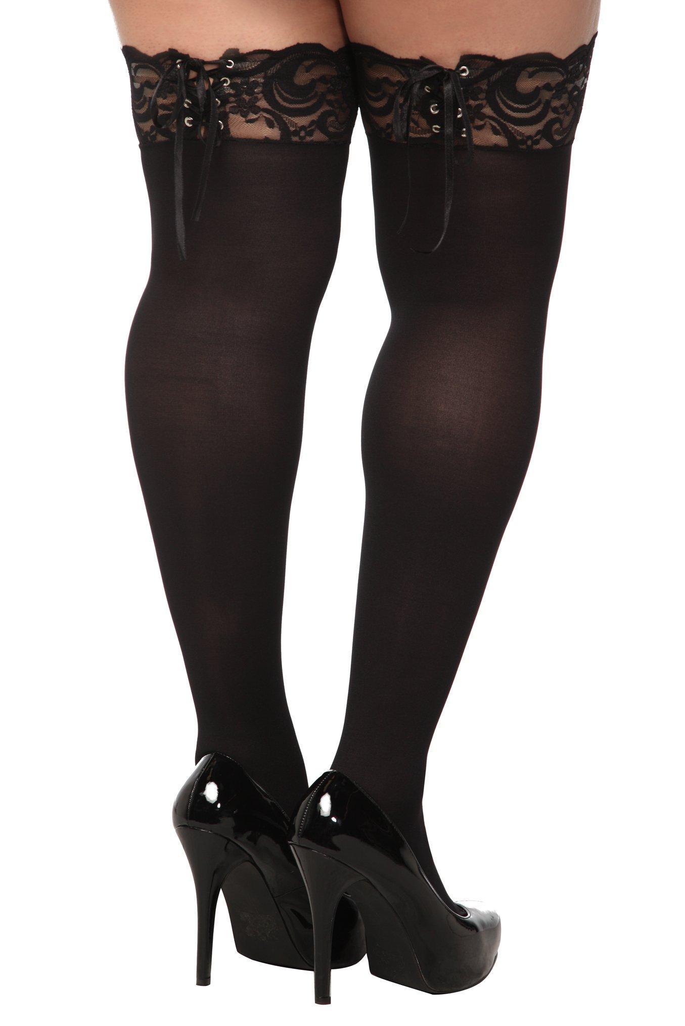 Black Lace-Up Lace Trim Thigh Highs, DEEP BLACK, alternate