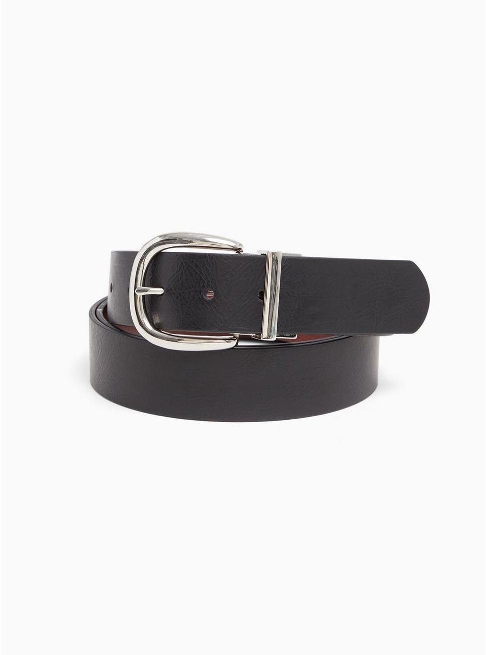 Plus Size Reversible Faux Leather Buckle Belt, DEEP BLACK, hi-res