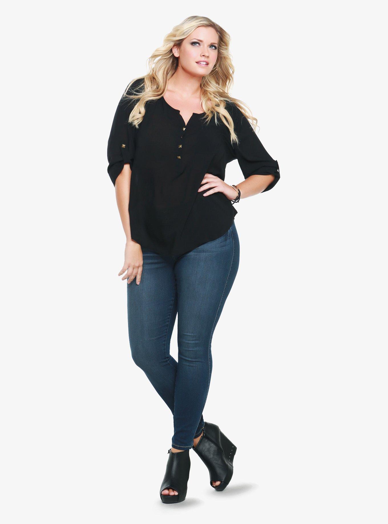 Studded Challis Henley, RICH BLACK, alternate