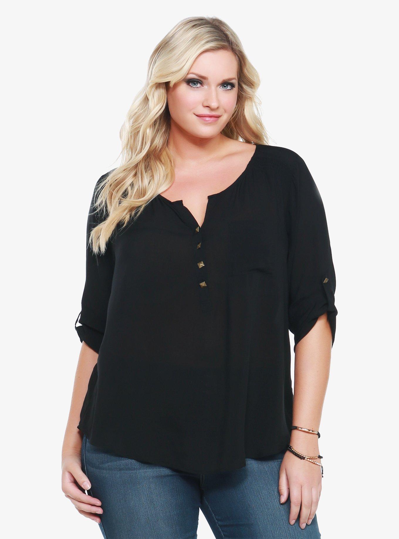 Studded Challis Henley, RICH BLACK, hi-res