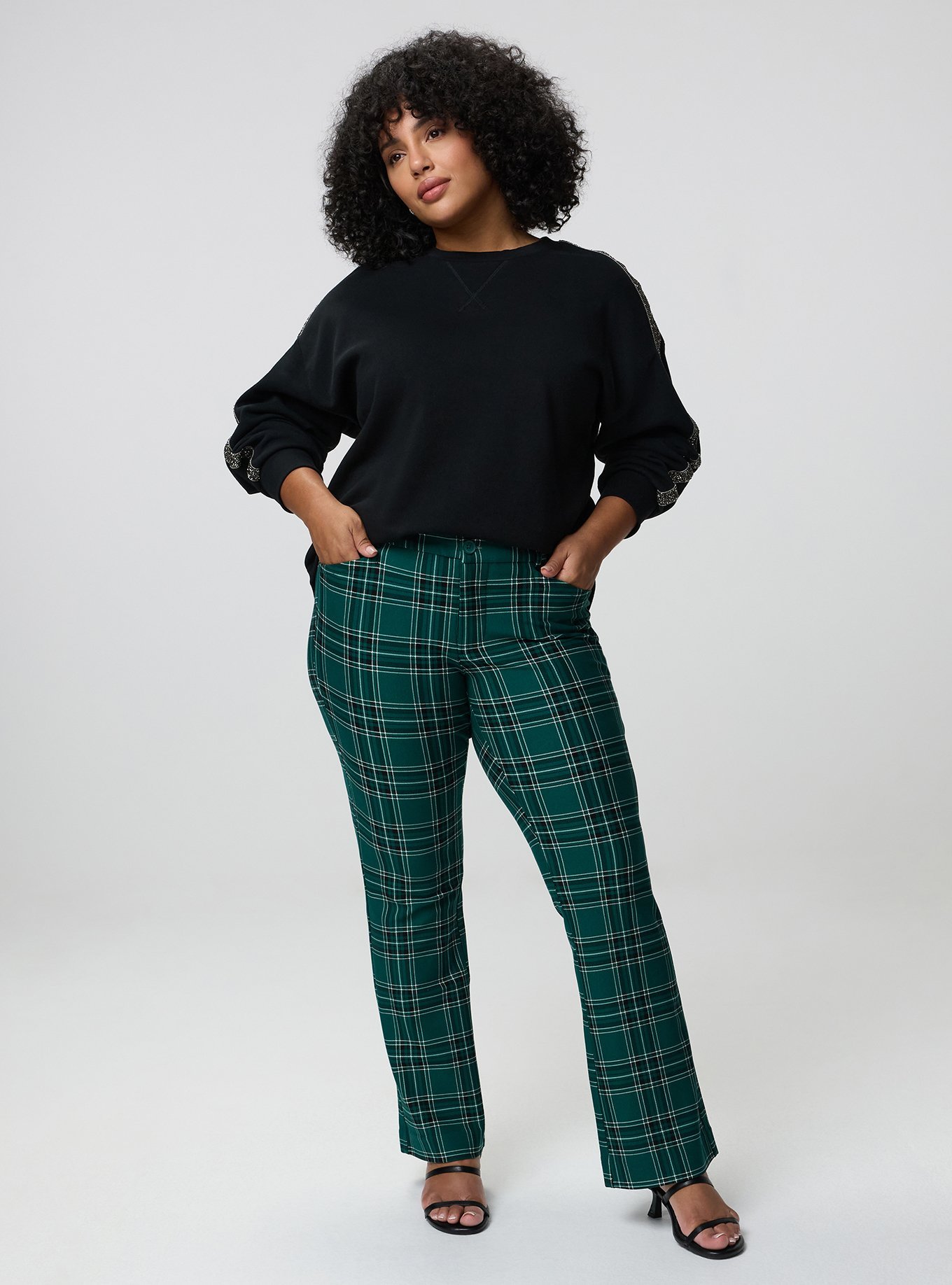 Studio Trouser Bootcut Ponte Pant, SHALL WE PLAID GREEN, hi-res