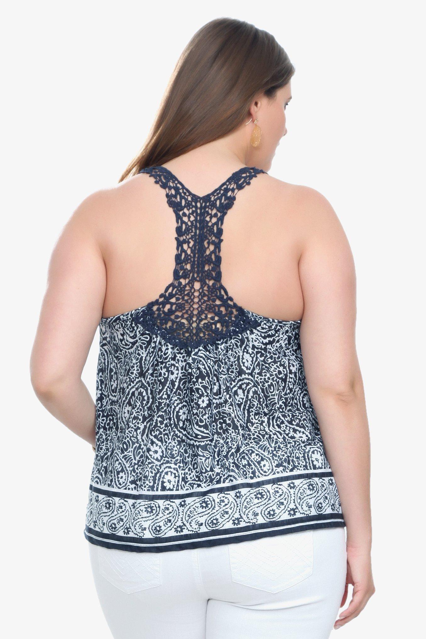 Plus Size Blue Paisley Crochet Back Tank Top, PAISLEY, alternate