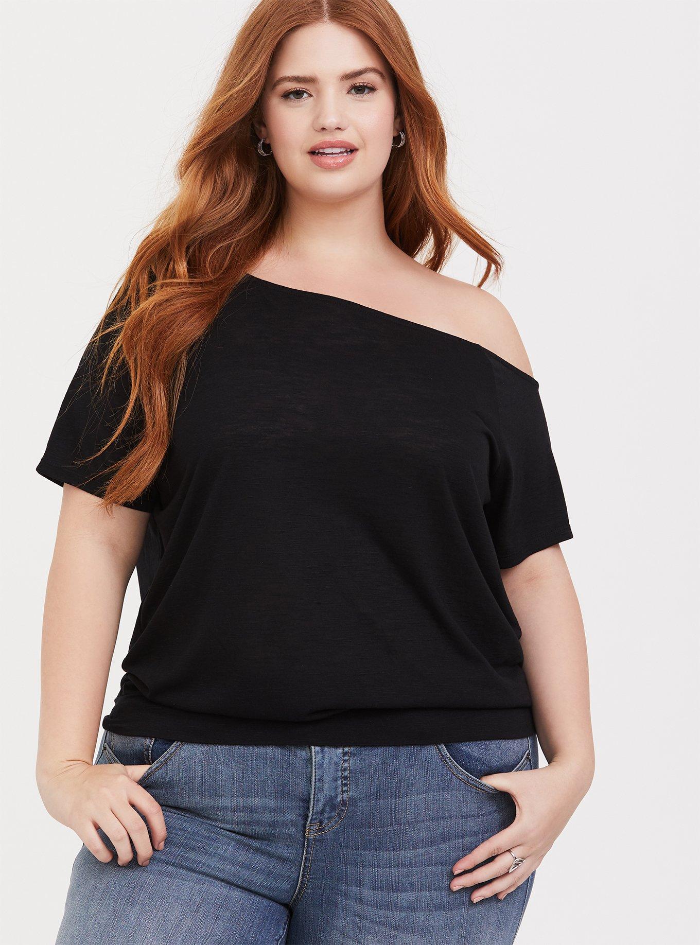 Off-Shoulder Featherlight Slub Short Sleeve Tee, , hi-res