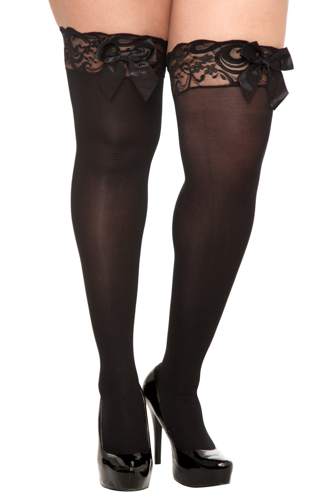 Plus Size - Black Opaque Lace Trim Bow Thigh Highs - Torrid