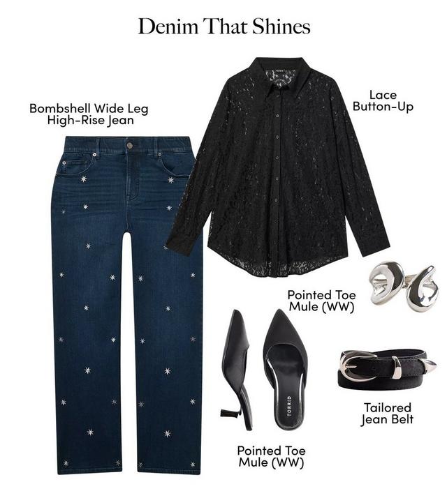 A product layout on a white background titled 'Denim That Shines' in serif text across the top. On the left, dark-wash straight-leg jeans are scattered with small embroidered white dots, labeled 'Bombshell Wide Leg High-Rise Jean.' On the right, a black lace button-up shirt with long sleeves and a collar is labeled 'Lace Button-Up'. Below the shirt are silver hoop-style earrings, a pair of black pointed-toe mules labeled 'Pointed Toe Mule (WW)', and a black belt with a square silver buckle labeled 'Tailored Jean Belt'.