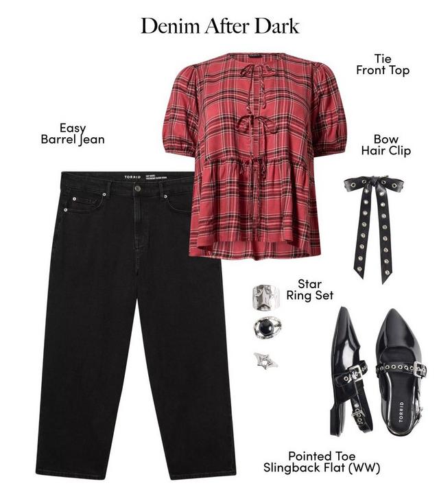 A product layout on a white background titled 'Denim After Dark' in serif text across the top. On the left are black wide-leg cropped jeans labeled 'Easy Barrel Jean'. On the right is a red and black plaid babydoll top with short puffed sleeves, a tiered ruffled hem, and small bow ties down the front, labeled 'Tie Front Top'. Below are a black hair clip with a long star-printed ribbon bow labeled 'Bow Hair Clip', a set of silver star rings labeled 'Star Ring Set', and black pointed-toe slingback flats labeled 'Pointed Toe Slingback Flat (WW)'.