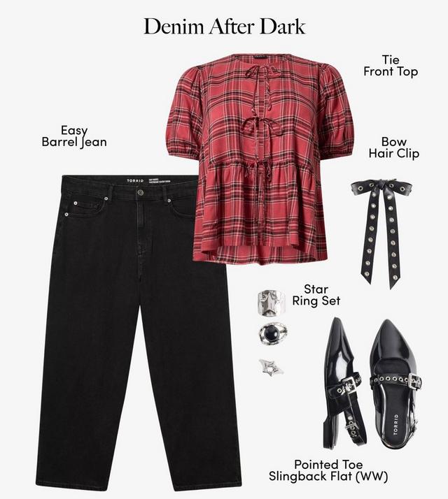 A product layout on a white background titled 'Denim After Dark' in serif text across the top. On the left are black wide-leg cropped jeans labeled 'Easy Barrel Jean'. On the right is a red and black plaid babydoll top with short puffed sleeves, a tiered ruffled hem, and small bow ties down the front, labeled 'Tie Front Top'. Below are a black hair clip with a long star-printed ribbon bow labeled 'Bow Hair Clip', a set of silver star rings labeled 'Star Ring Set', and black pointed-toe slingback flats labeled 'Pointed Toe Slingback Flat (WW)'.