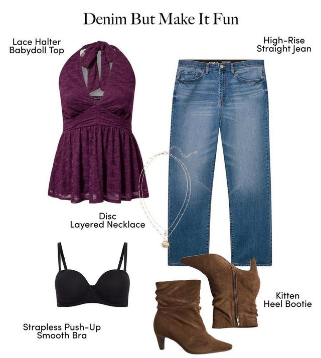 A product layout on a white background titled 'Denim But Make It Fun' in serif text across the top. On the left is a burgundy lace halter babydoll top with a tie neck and a flared peplum hem, labeled 'Lace Halter Babydoll Top'. On the right are medium-wash high-rise straight jeans with a frayed hem, labeled 'High-Rise Straight Jean'. Below are a silver layered necklace with disc pendants labeled 'Disc Layered Necklace', a black strapless bra labeled 'Strapless Push-Up Smooth Bra', and tan suede slouchy ankle boots with pointed toes and cone heels labeled 'Kitten Heel Bootie'.