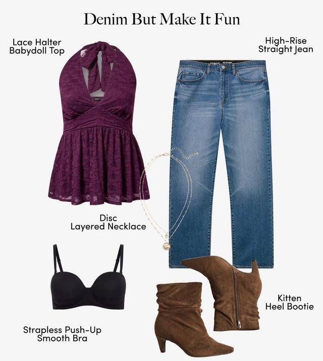 A product layout on a white background titled 'Denim But Make It Fun' in serif text across the top. On the left is a burgundy lace halter babydoll top with a tie neck and a flared peplum hem, labeled 'Lace Halter Babydoll Top'. On the right are medium-wash high-rise straight jeans with a frayed hem, labeled 'High-Rise Straight Jean'. Below are a silver layered necklace with disc pendants labeled 'Disc Layered Necklace', a black strapless bra labeled 'Strapless Push-Up Smooth Bra', and tan suede slouchy ankle boots with pointed toes and cone heels labeled 'Kitten Heel Bootie'.